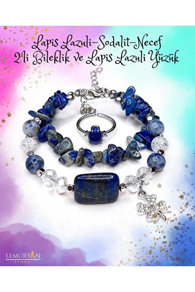 Herkimer Doğal Taş Orijinal Lapis Lazuli - Sodalit - Necef Taşı 2'li Bileklik Kombini ve Lapis Lazuli Yüzük Set