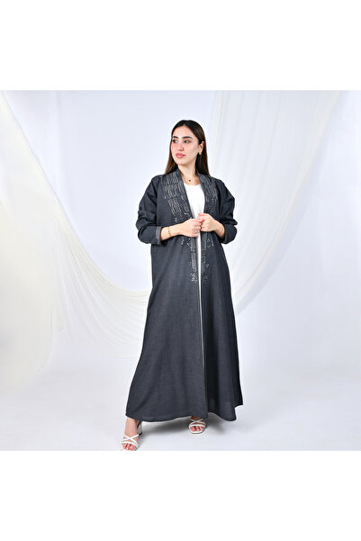 HAWRAA ABAYA Elegant abaya with a quarter-circle cut, offering a sophisticated flow with prominent embroidery on the front and sleeves | Dark gray