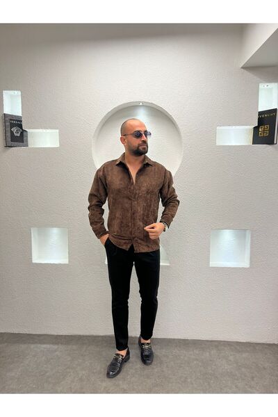 Choobie Premium Oversize Fit Kadife Dokulu Kahverengi Uzun Kollu Gömlek