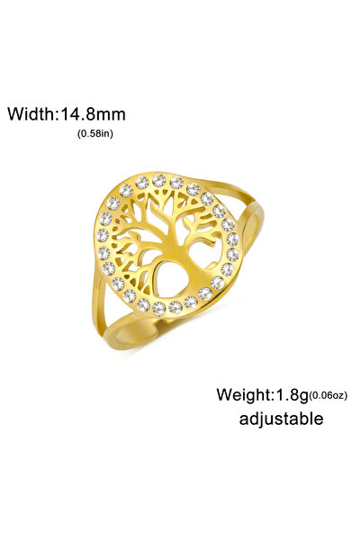 Choice resizable Gold Skyrim Tree of Life Clear Zircon Round Ring Stainless Steel Gold Color Adjustable Wom