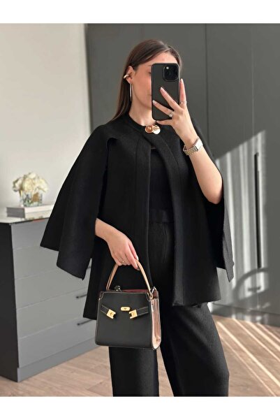 Tugen Co معطف تريكو أسود بتفاصيل أزرار معدنية