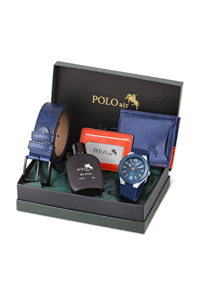 Polo Air Erkek Kol Saati Kemer Cüzdan Kartlık Parfüm Hediyelik Kutusunda Gümü...