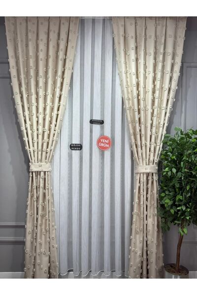 Perdenin Adresi İşlemeli Modern Açık Krem Ponpon Fon Perde Seyrek Pile Tek Ka...