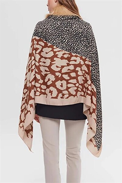 Neşeli Butik Women's Camel Leopard Print Fur Poncho Nbaks037