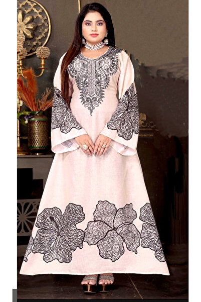 Zainah Luxury Embroidered Jallabiya / Kaftan Maxi Dress | Round Neck, Bell Sl...