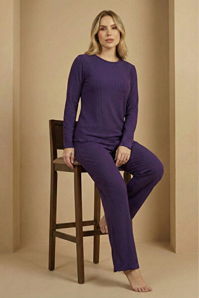 Farya Home Σετ πιτζάμες πλέξη ριμπ με μακριά μανίκια, φαρδιά πόδια, μαλακές ρίγες πλεκτές