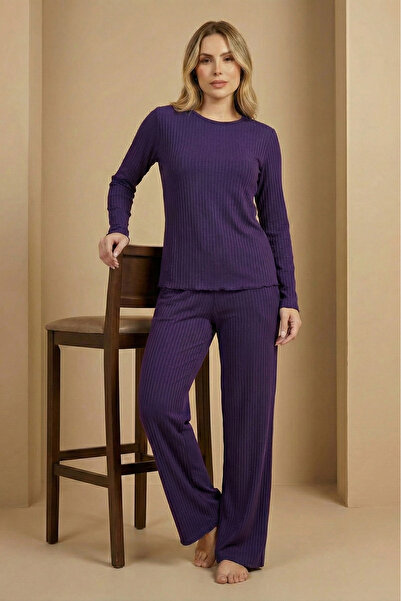 Farya Home Σετ πιτζάμες πλέξη ριμπ με μακριά μανίκια, φαρδιά πόδια, μαλακές ρίγες πλεκτές
