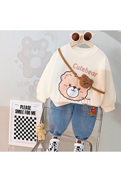 nannie Cute Bear Cream Blouse and Blue Pants Set - 2-3 years