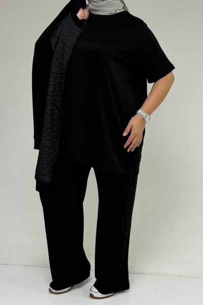 Eslina 57304 Plus Size Jacketed Modal-Quilted Three-Piece Set - Black-Black