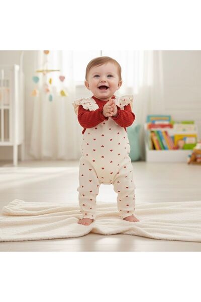 Luna Mia Baby KALP BASKILI ÖNÜ LASTİKLİ SALOPET TAKIM