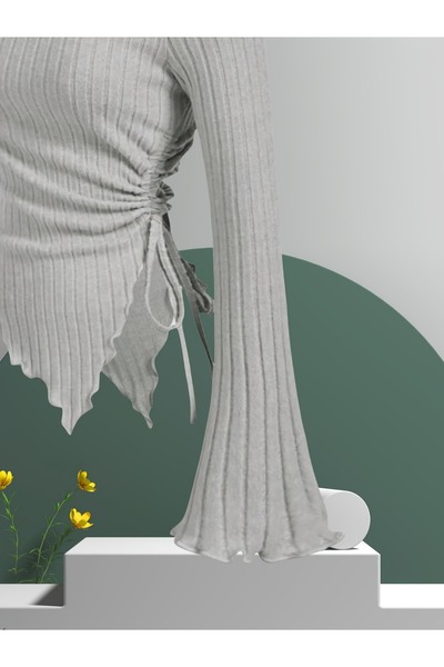 Marin Star Γυναικεία γκρι ασύμμετρη πλεκτή μπλούζα με έναν ώμο με λεπτομέρεια με ισπανικό κορδόνι στο μανίκι