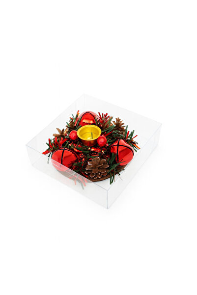 OEM Christmas candle holder with red bells and cones – festive decoration, 10.5x10.5cm