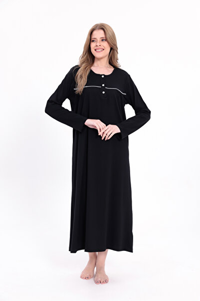 Yulem Homewear Women's Black Piped Cotton Long Sleeve Plus Size (Oversize) Nightgown