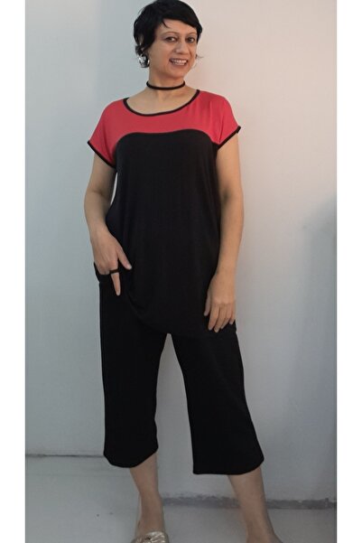 Mertcan Butik Black Pocket Capri Length Size Fits All Red Color Block Low Sleeve Combed Viscose Suit