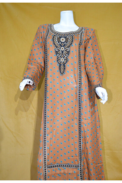 Zainah Jallabiya Embroidered & Printed / Kaftan Maxi Dress | V-Neck, Flared Sleeves & Metallic Finish