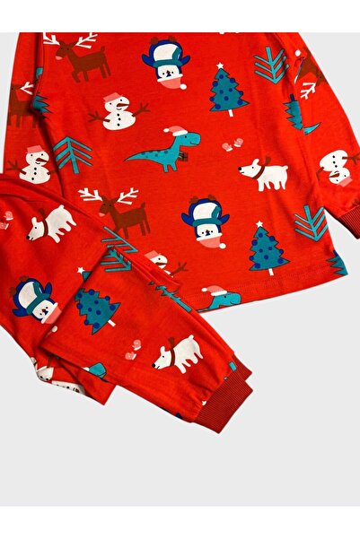 ALİŞ KİDS Set de pijamale cu mâneci lungi pentru băieți, bumbac 100% piese, cu tematică de Anul Nou, cu ren roșu, om de zăpadă, pin