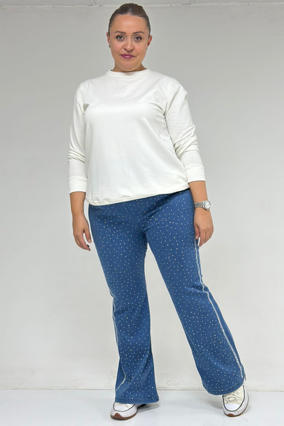 Eslina 59038 Plus Size Flared Stone Print Detailed Jeans - Blue