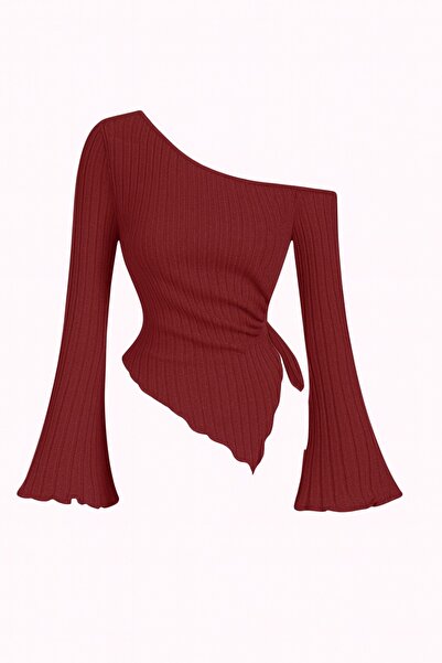 Marin Star Women's Burgundy Asymmetrical One-Shoulder Knit Blouse with Spanish Sleeve and Drawstring Detail