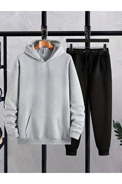 ALCİNOUS Unprinted Kangaroo Pocket Hooded Sweatshirt and Trackpants Set