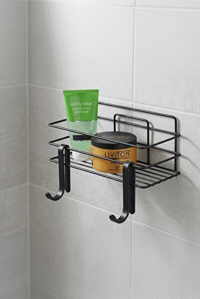 Sas Haus Tekli Siyah Yapışkanlı Banyo Rafı + 2’li Askı Kanca Seti – Metal Duş...