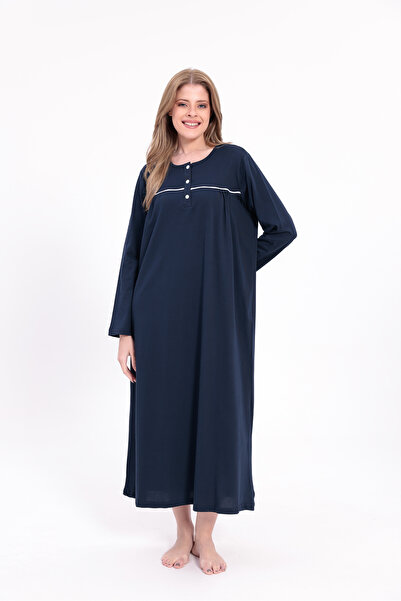 Yulem Homewear Women's Navy Blue Piped Cotton Long Sleeve Plus Size (Oversize) Nightgown
