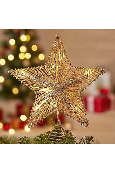 Generic Christmas Star Tree Topper Light, 25cm Golden Glitter 3D Metal Star Tree Top with 10 Led Bulbs Strin