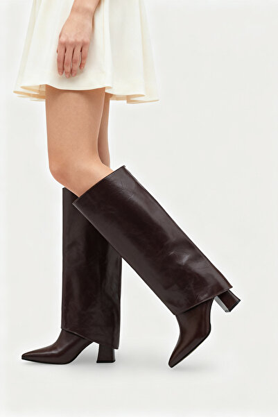 sermoda Dust Cover Detailed Detachable Attachment Boots Heeled Pointed Toe Zippered Women's Boots Brown