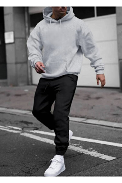 ALCİNOUS Unprinted Kangaroo Pocket Hooded Sweatshirt and Trackpants Set