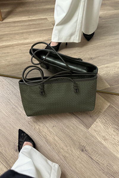 LEONAS Knitted Detailed Women's Tote Bag Larissa St0039 Khaki