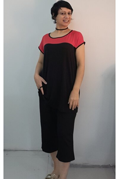 Mertcan Butik Black Pocket Capri Length Size Fits All Red Color Block Low Sleeve Combed Viscose Suit