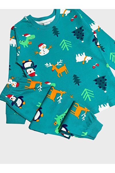 ALİŞ KİDS Girls' 100% Cotton Green Deer Snowman Pine New Year Themed Long Sleeve Pajama Set