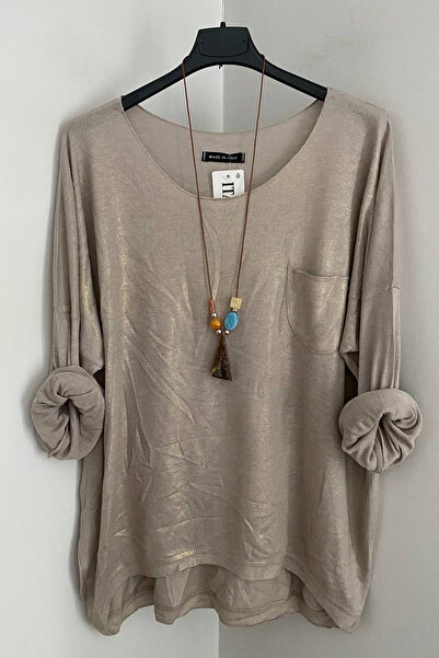 AYASOFYA OTANTIK Bluză de damă, bej italian, cu mâneci lungi, cu buzunare, cu detaliu de placare cu sclipici strălucitor pe partea din față