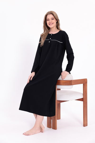 Yulem Homewear Women's Black Piped Cotton Long Sleeve Plus Size (Oversize) Nightgown
