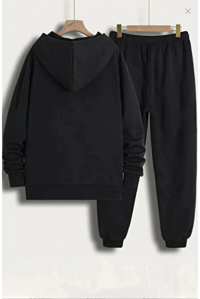 ALCİNOUS Unprinted Kangaroo Pocket Hooded Sweatshirt and Trackpants Set