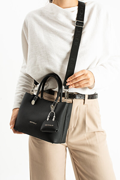 Just Polo حقيبة يد وكتف نسائية سوداء سادة منقوشة-BD7018