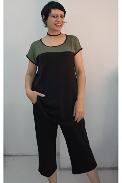 Mertcan Butik Black Green Color Block Capri Length with Pockets Size Fits All Low Arm Length Combed Viscose Suit