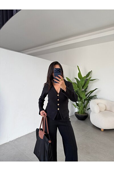 Paw Garage Women's Thessaloniki Fabric Front Buttoned Jacket & Green Trousers Set