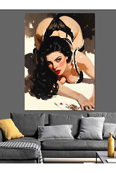 KanvasSepeti Pin-Up cu păr negru Pictură în ulei de înaltă calitate texturat ...