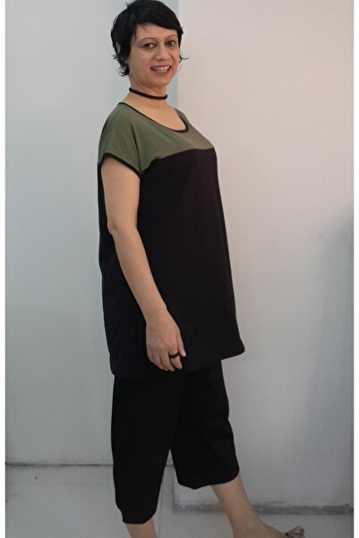Mertcan Butik Black Green Color Block Capri Length with Pockets Size Fits All Low Arm Length Combed Viscose Suit