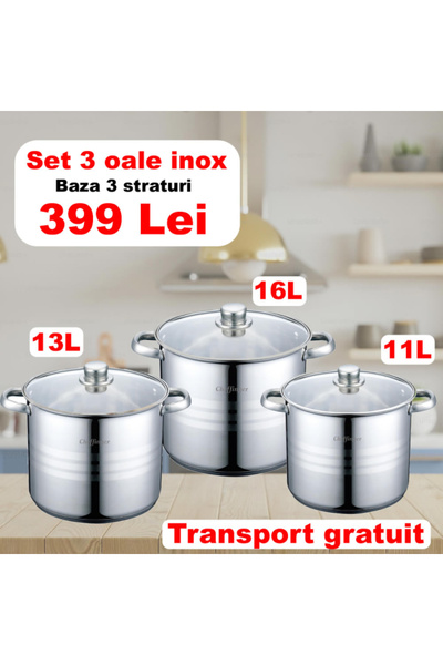 cheffinger Set of 3 stainless steel pots 11 L, 13 L, 16 L, 3-layer base