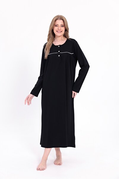 BLACKMORE Women's Black Plus Size Cotton Buttoned Long Nightgown