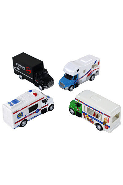 LeanToys Set of 4 1:87 Metal Cars with Friction – Ambulance, Caravan, Delivery Truck and Ice Cream Van
