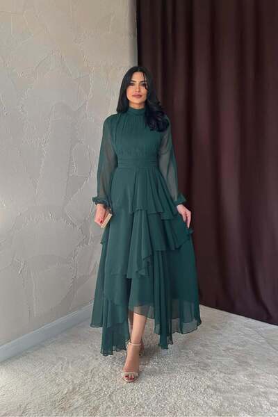 Nils Kids Butik Uzun Kollu Volan Detaylı Kat Kat Şifon Abiye Elbise