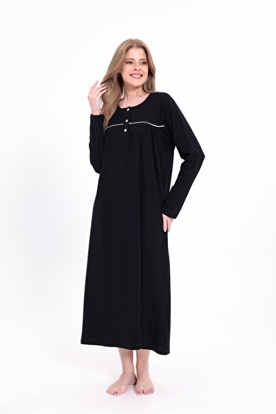 BLACKMORE Women's Black Plus Size Cotton Buttoned Long Nightgown