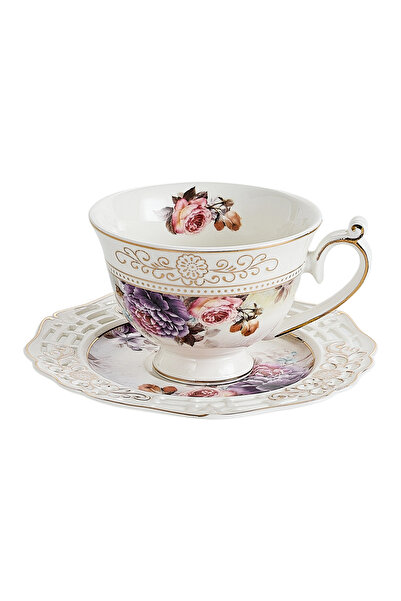 Malooki Set of 6 Porcelain Cups with Saucers – Vintage Floral Design, 90 ml