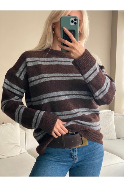 BLAR Çizgili Kahverengi Oversize Örme Kazak