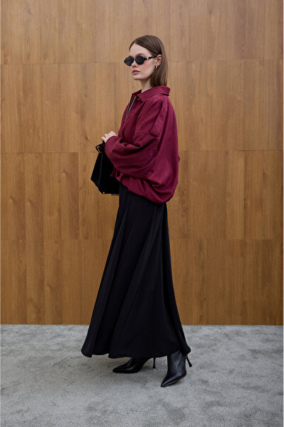 Birgül Bektaş Μπορντό σουέντ παλτό με λεπτομέρεια με πατέντα στο μπροστινό μέρος