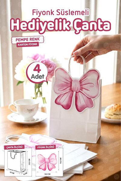 t tuğset etiket Burgu Saplı Karton Kurdeleli Çanta 4 adet Hediye Paketi Çanta Poşet (Pembe)doğum günü, düğün, bebek