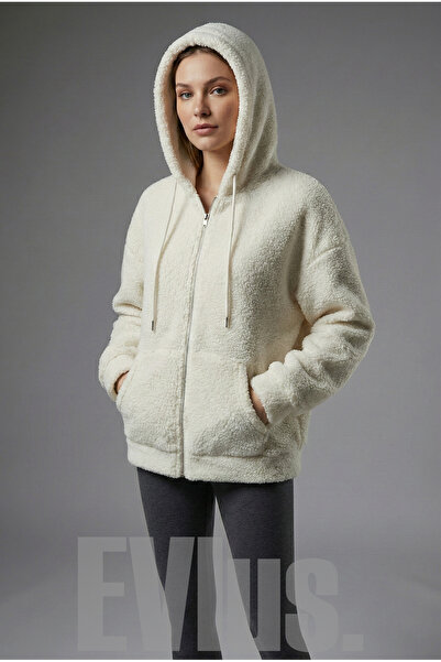 EVIus Plush Fabric Long Sleeve Hooded Cardigan Kangaroo Pocket Oversized Winter