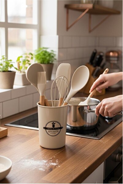 kitchenboost Elegant 5-Piece Silicone Serving Set - with Cream-Colored Spoon Holder Stand